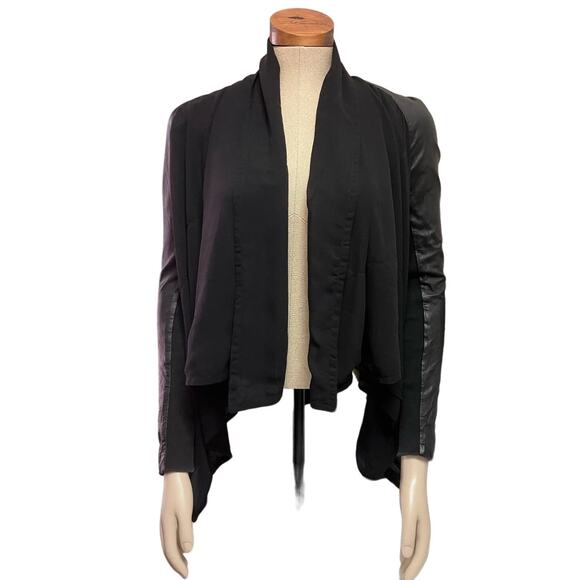 Muubaa Women's 10 Black Sheer Drape Leather Moto Mixed Media Jacket Cropped - Picture 2 of 12